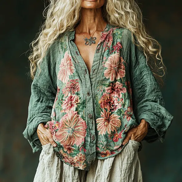 Women's Vintage Linen Flower Print Long-sleeved Shirt - Trisunshine.com 