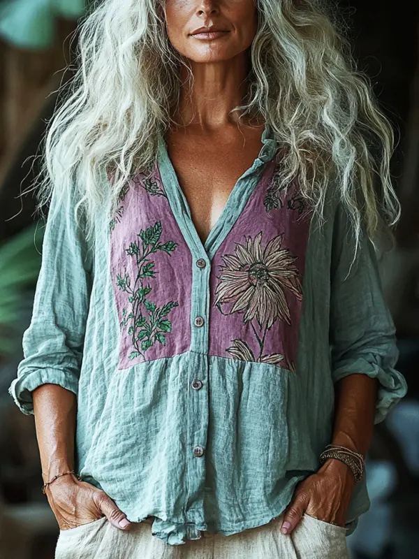 Women's Linen Flower Print Patchwork Shirt - Pragmaace.com 