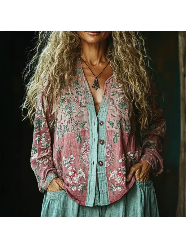 Women's Vintage Linen Flower Printed Shirt - Viewbena.com 