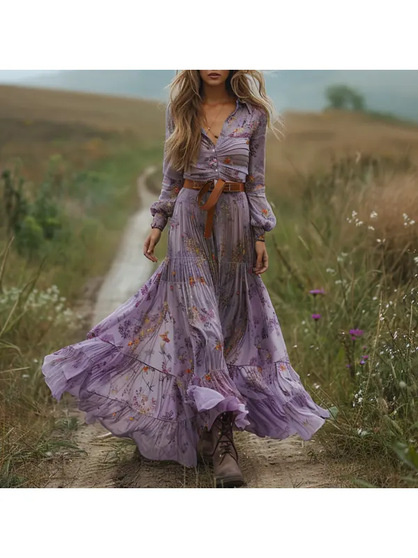 Retro V-neck Floral Women's Long-sleeved Long Skirt Country Pastoral Retro Dress - Realyiyishop.com 