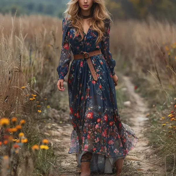 Retro V-neck Floral Women's Long-sleeved Long Skirt Country Pastoral Retro Dress - Yiyistories.com 