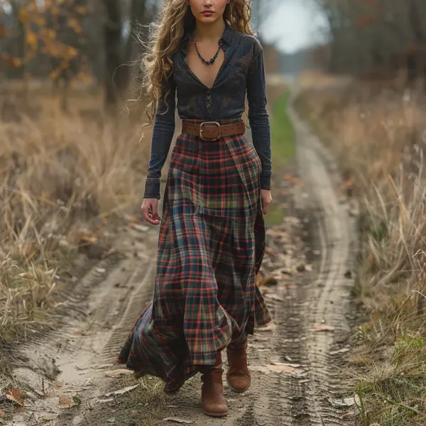 Retro V-neck Plaid Women's Long-sleeved Long Skirt Country Pastoral Retro Dress - Nicheten.com 