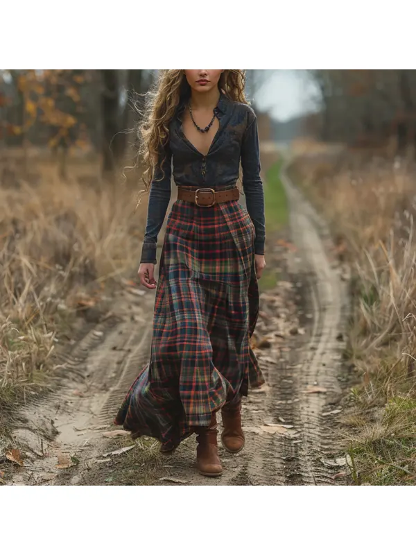 Retro V-neck Plaid Women's Long-sleeved Long Skirt Country Pastoral Retro Dress - Realyiyishop.com 