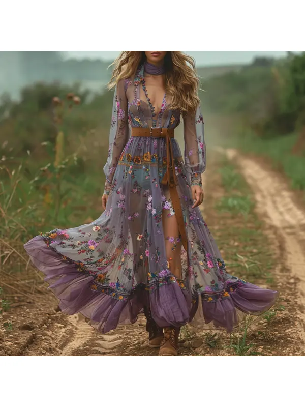 Retro V-neck Floral Women's Long-sleeved Long Skirt Country Pastoral Retro Dress - Cominbuy.com 