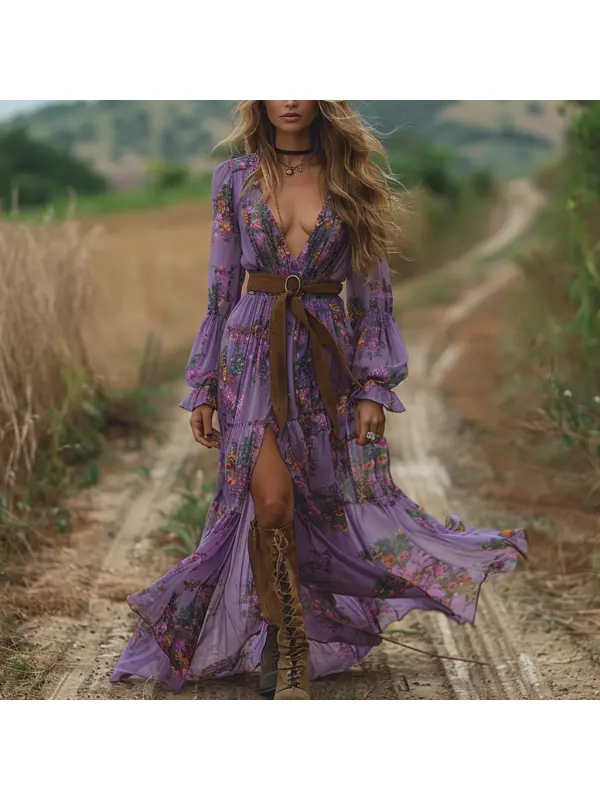 Retro V-neck Floral Women's Long-sleeved Long Skirt Country Pastoral Retro Dress - Viewbena.com 