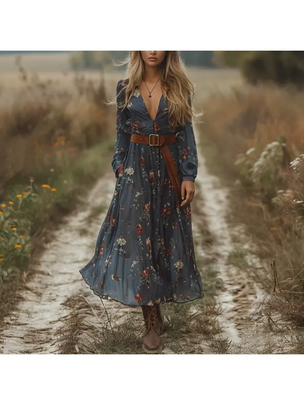 Retro V-neck Floral Women's Long-sleeved Long Skirt Country Pastoral Retro Dress - Cominbuy.com 