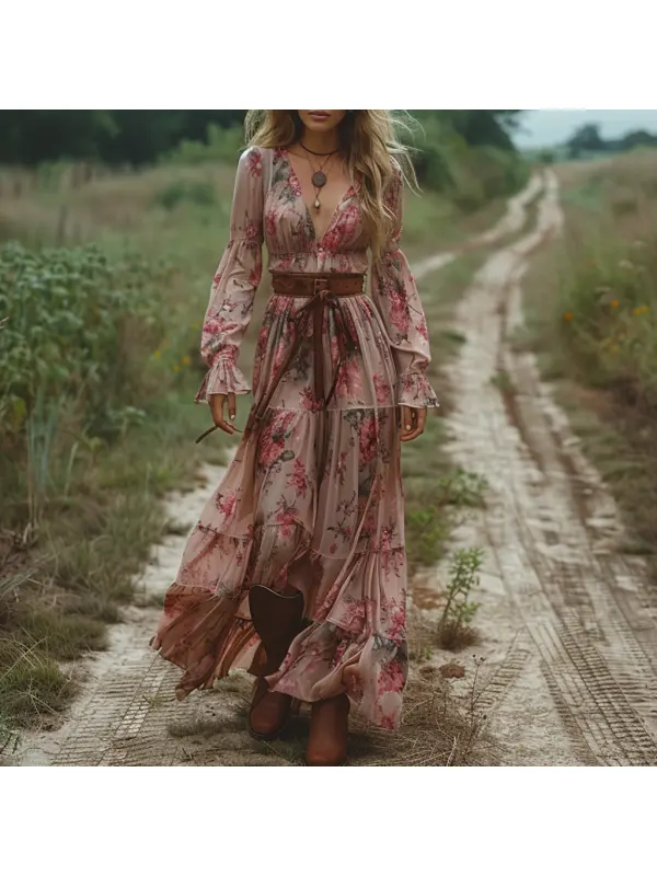 Retro V-neck Floral Women's Long-sleeved Long Skirt Country Pastoral Retro Dress - Realyiyi.com 