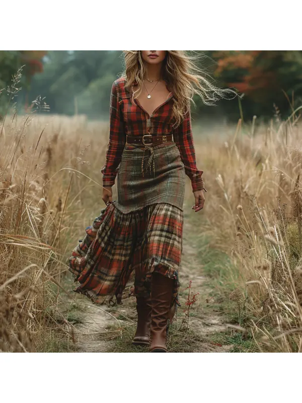 Retro V-neck Plaid Women's Long-sleeved Long Skirt Country Pastoral Retro Dress - Viewbena.com 