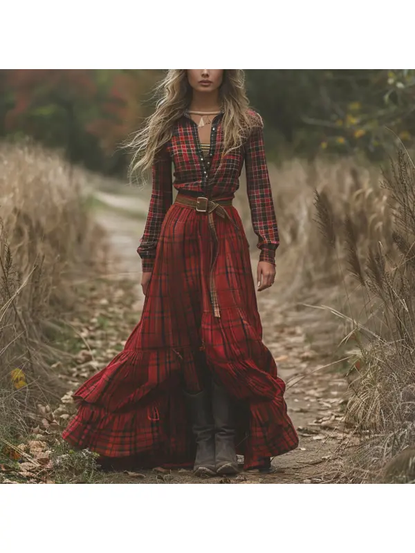 Retro V-neck Plaid Women's Long-sleeved Long Skirt Country Pastoral Retro Dress - Viewbena.com 