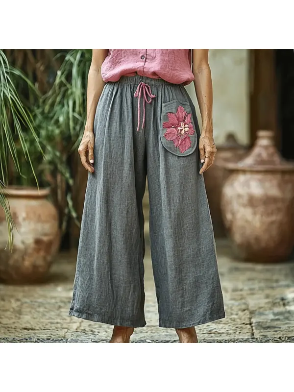 Women's Linen Ethnic Bohemian Floral Casual Simple Wide-leg Trousers - Realyiyi.com 