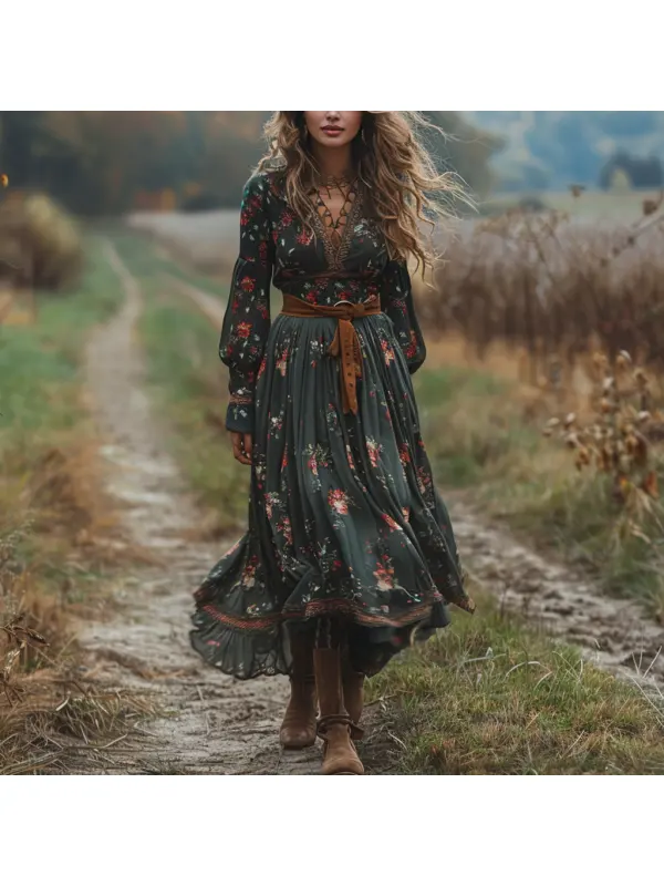 Retro V-neck Floral Women's Long-sleeved Long Skirt Country Pastoral Retro Dress - Geocici.com 