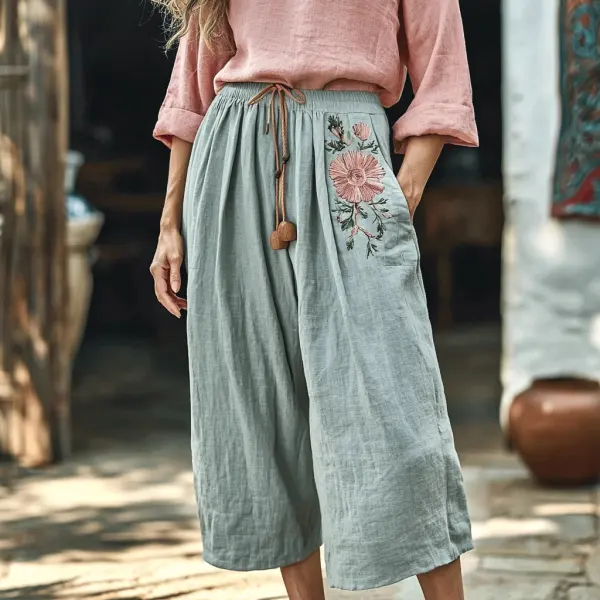 Women's Linen Bohemian Floral Casual Cropped Pants - Trisunshine.com 