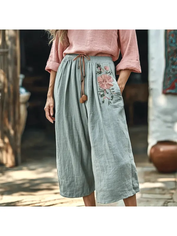 Women's Linen Bohemian Floral Casual Cropped Pants - Cominbuy.com 