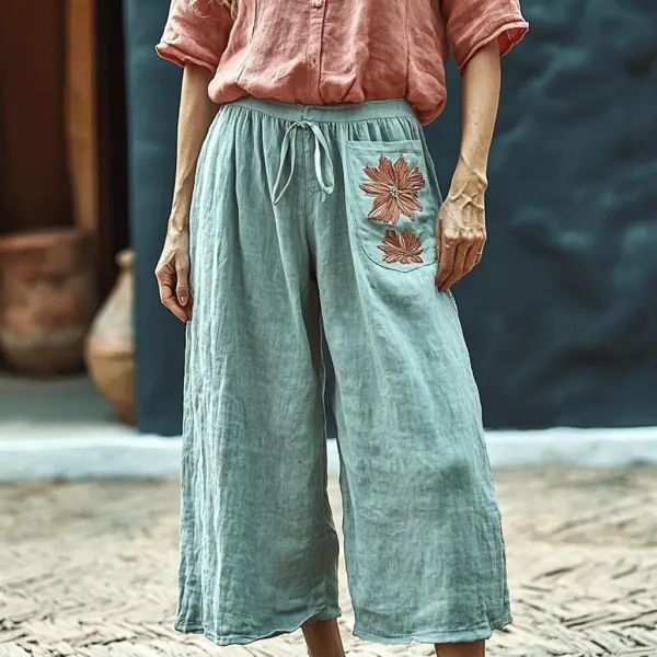 Women's Linen Wide-leg Ethnic Floral Casual Cropped Pants - Trisunshine.com 