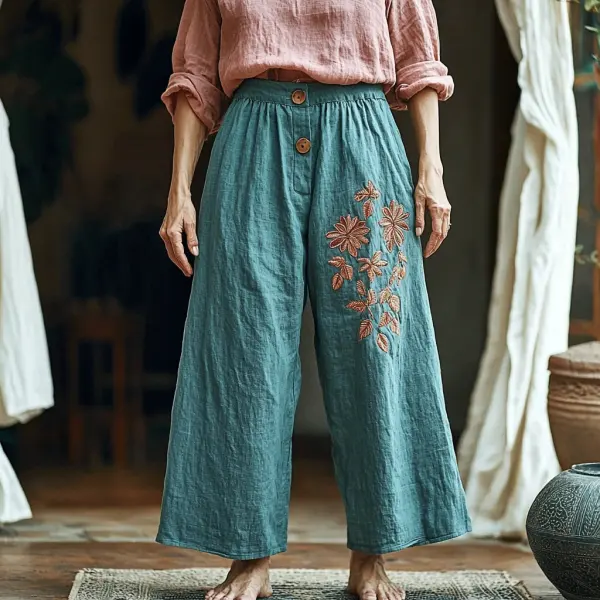 Women's Linen Ethnic Bohemian Floral Wide-leg Trousers - Trisunshine.com 