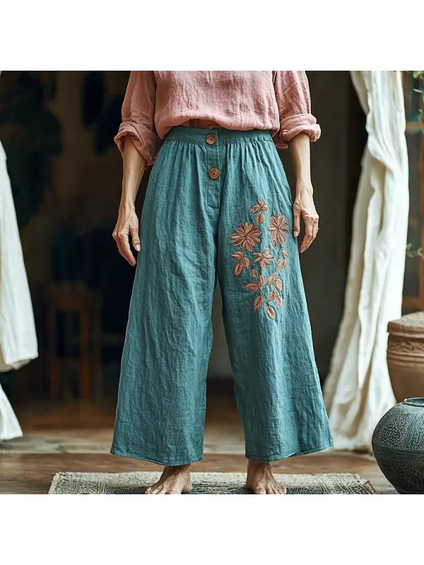 Women's Linen Ethnic Bohemian Floral Wide-leg Trousers - Machoup.com 