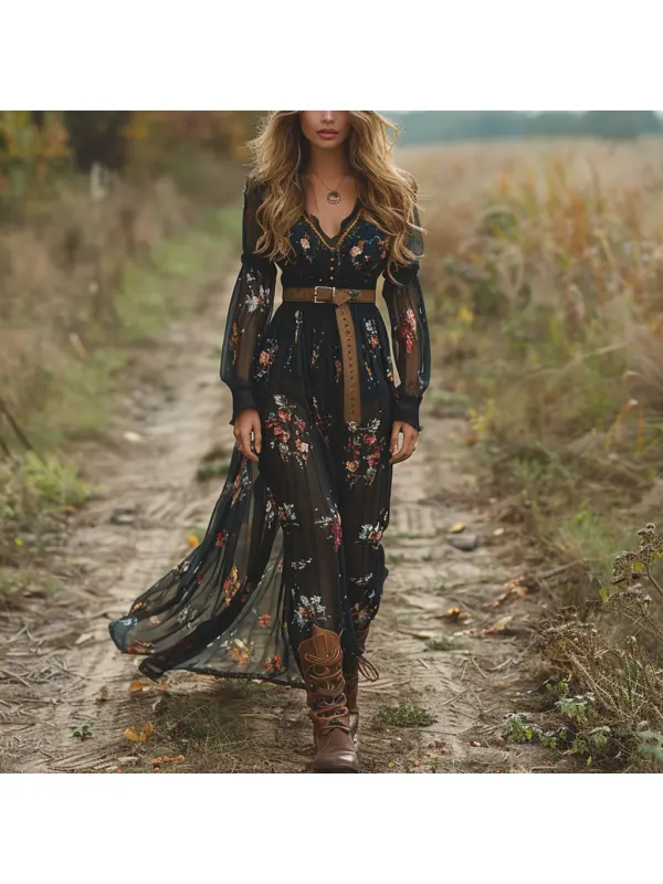 Retro V-neck Floral Women's Long-sleeved Long Skirt Country Pastoral Retro Dress - Cominbuy.com 