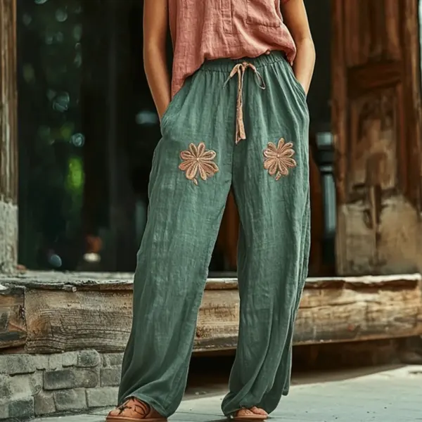 Women's Linen Bohemian Wide-leg Trousers - Dozenlive.com 