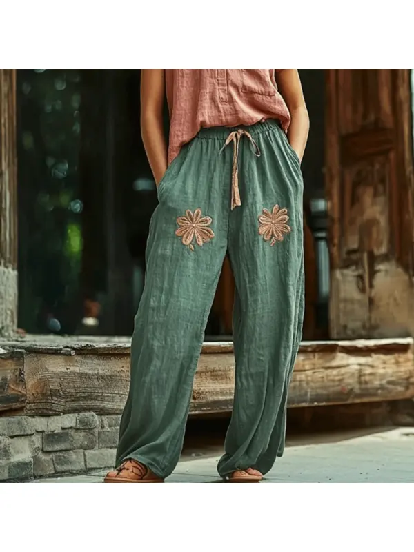 Women's Linen Bohemian Wide-leg Trousers - Ootdmw.com 