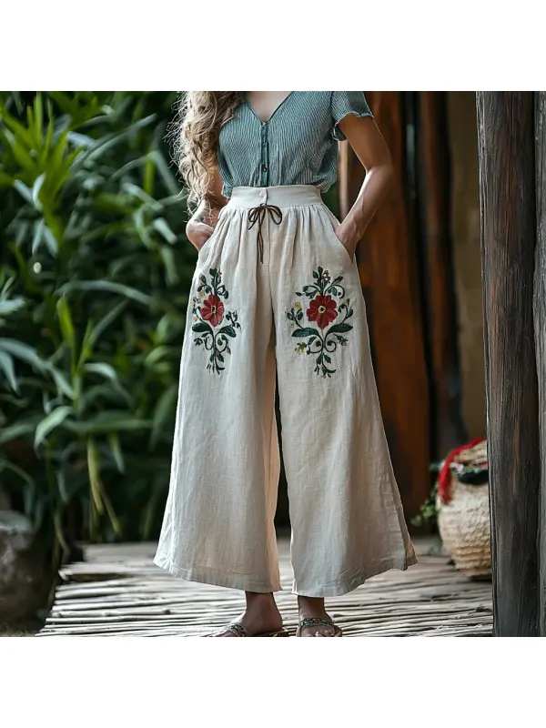 Women's Linen Bohemian Floral Cropped Pants - Geocici.com 