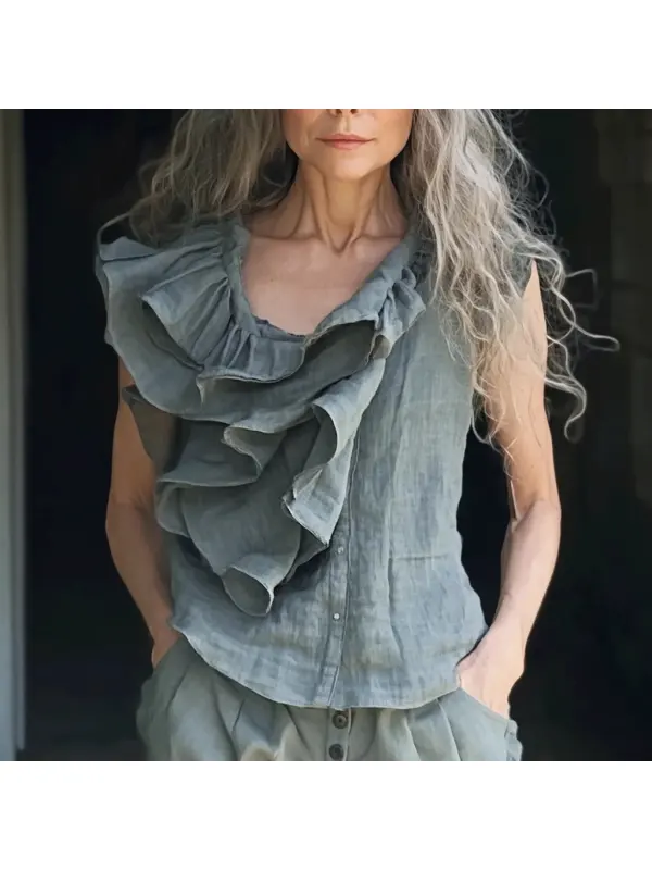Women's Linen Asymmetric Ruffle Shirt - Ootdmw.com 