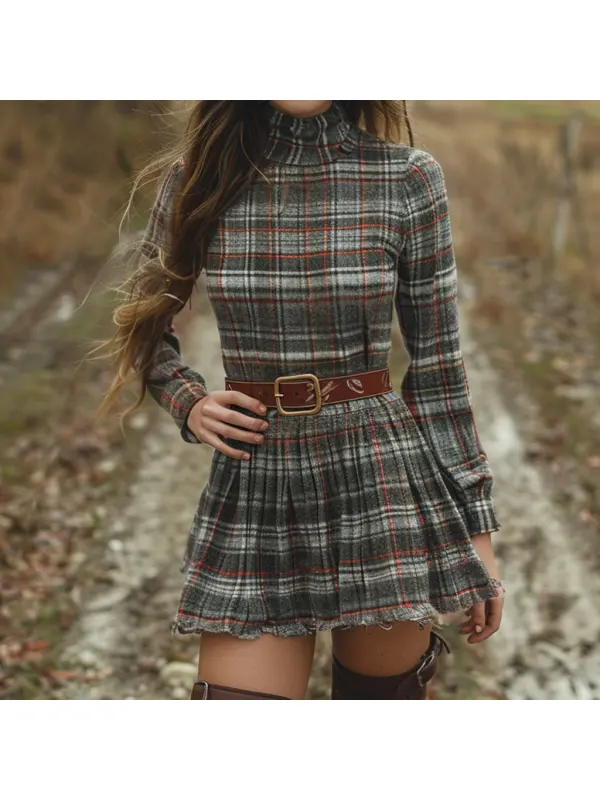 Women's Retro Plaid Long-sleeved Short Dress Pastoral Denim Sexy Long-sleeved Dress Autumn And Winter Retro Dress - Realyiyi.com 