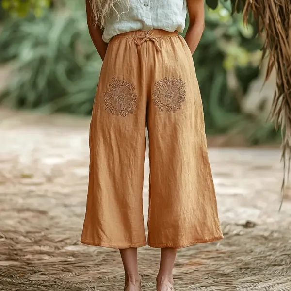 Women's Linen Ethnic Bohemian Floral Wide-leg Cropped Pants - Trisunshine.com 