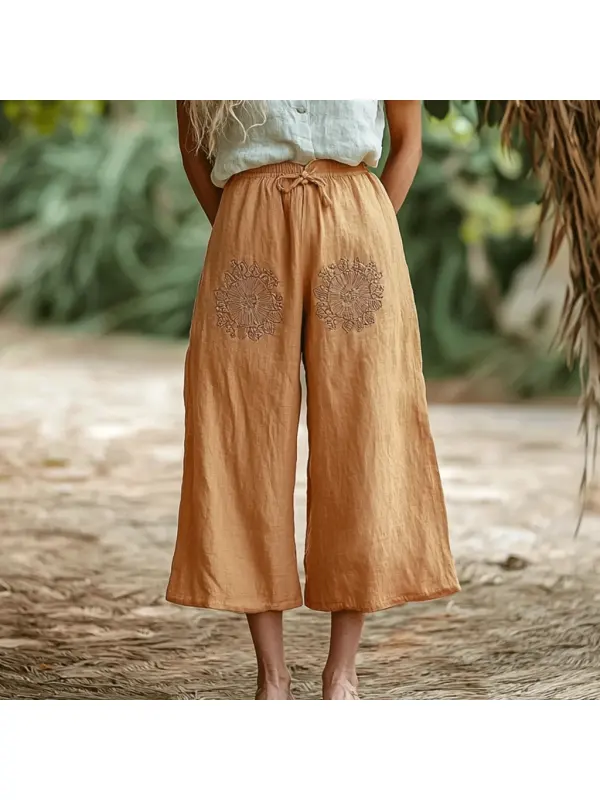 Women's Linen Ethnic Bohemian Floral Wide-leg Cropped Pants - Cominbuy.com 