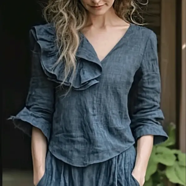 Women's Casual Linen Ruffled Casual Shirt - Yiyistories.com 