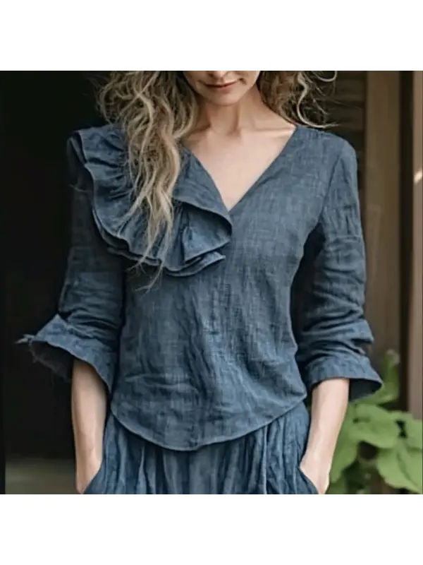 Women's Casual Linen Ruffled Casual Shirt - Ootdmw.com 