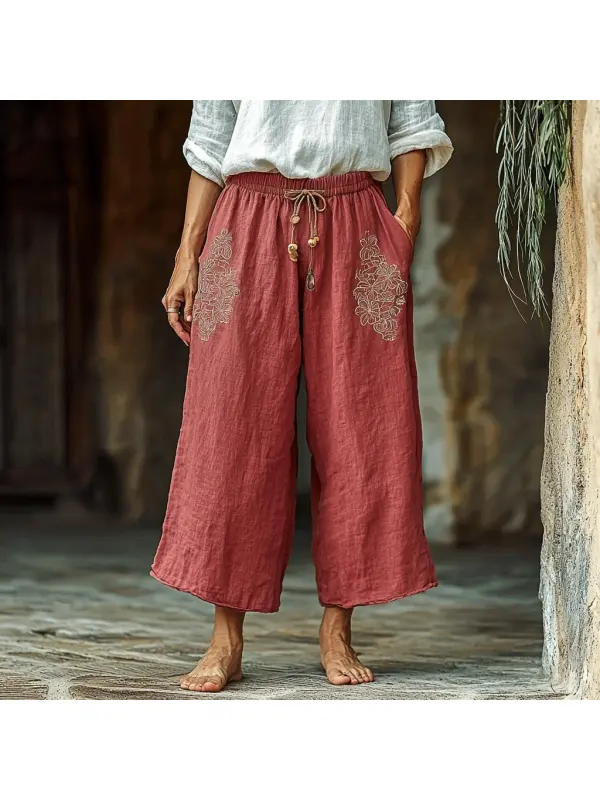 Women's Linen Bohemian Cropped Wide-leg Casual Cropped Pants - Realyiyishop.com 