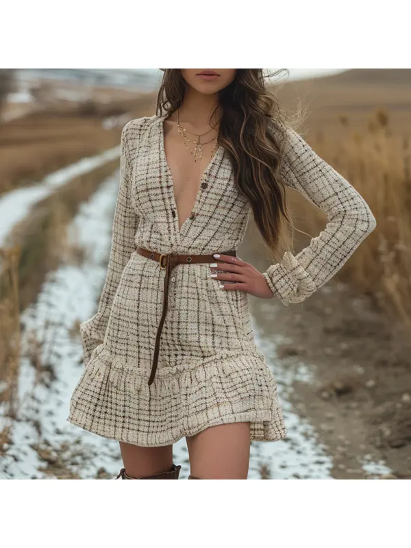 Women's Retro Plaid Long-sleeved Shirt Short Dress Pastoral Denim Sexy Long-sleeved Dress Autumn And Winter Retro Dress - Realyiyi.com 