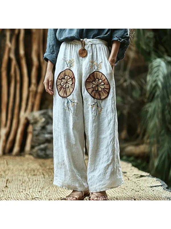 Women's Linen Bohemian Floral Casual Harem Pants - Miabrave.com 
