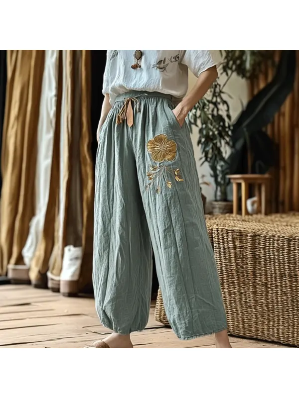 Women's Linen Bohemian Floral Wide-leg Trousers - Miabrave.com 