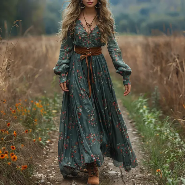 Retro V-neck Floral Women's Long-sleeved Long Skirt Country Pastoral Retro Dress - Dozenlive.com 