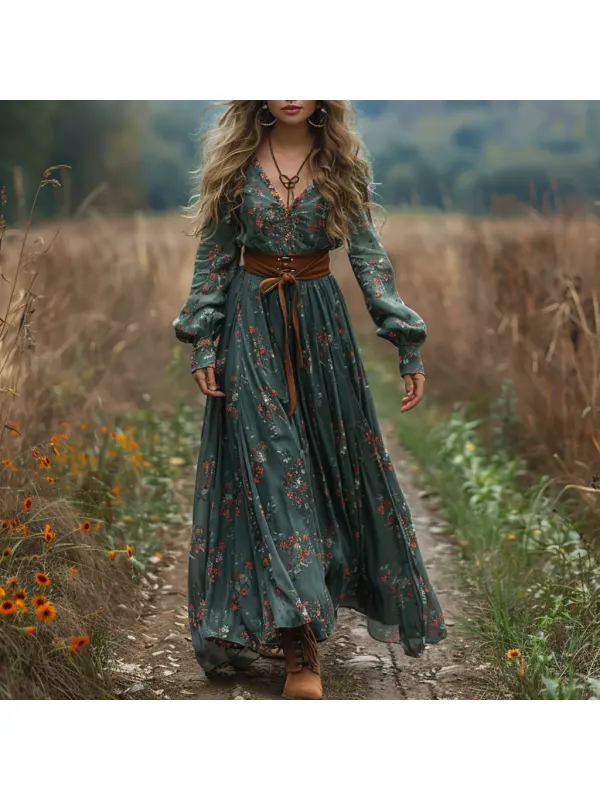 Retro V-neck Floral Women's Long-sleeved Long Skirt Country Pastoral Retro Dress - Realyiyishop.com 