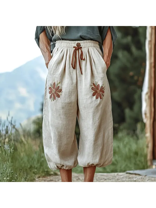 Women's Linen Bohemian Cropped Loose Harem Pants - Cominbuy.com 