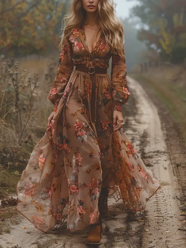 Women's Boho Maxi Dress Retro V-neck Floral Long-sleeved Long Skirt Country Pastoral Dress - Wantbright.com 