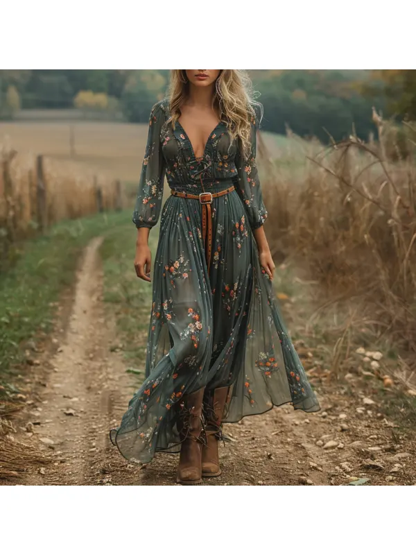 Retro V-neck Floral Women's Long-sleeved Long Skirt Country Pastoral Retro Dress - Realyiyishop.com 