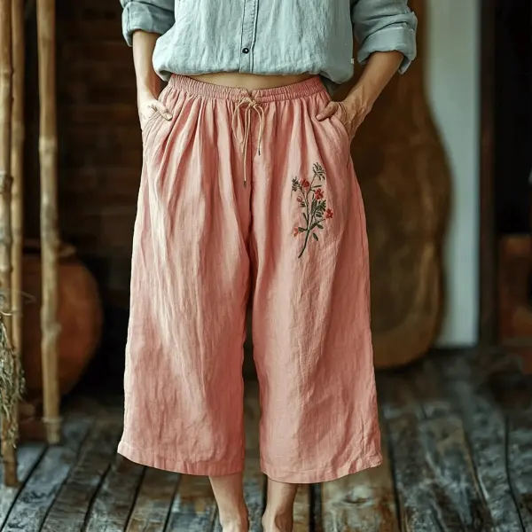 Women's Linen Bohemian Floral Casual Wide-leg Pants - Trisunshine.com 