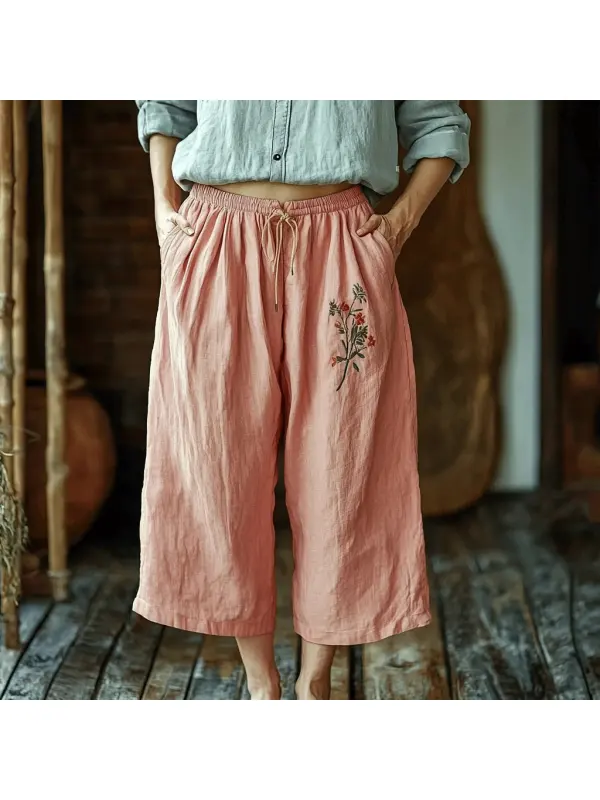 Women's Linen Bohemian Floral Casual Wide-leg Pants - Realyiyi.com 