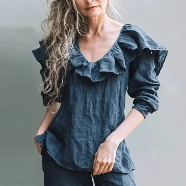 Women's Linen Ruffled Long Sleeve Shirt - Yiyistories.com 