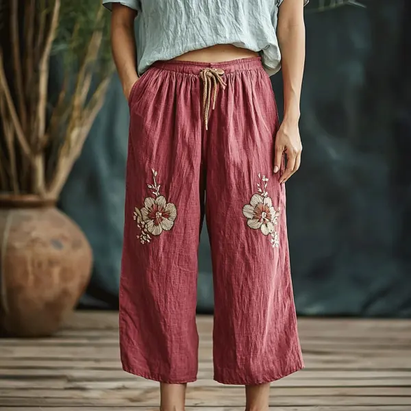 Women's Linen Bohemian Cropped Wide-leg Pants - Salolist.com 