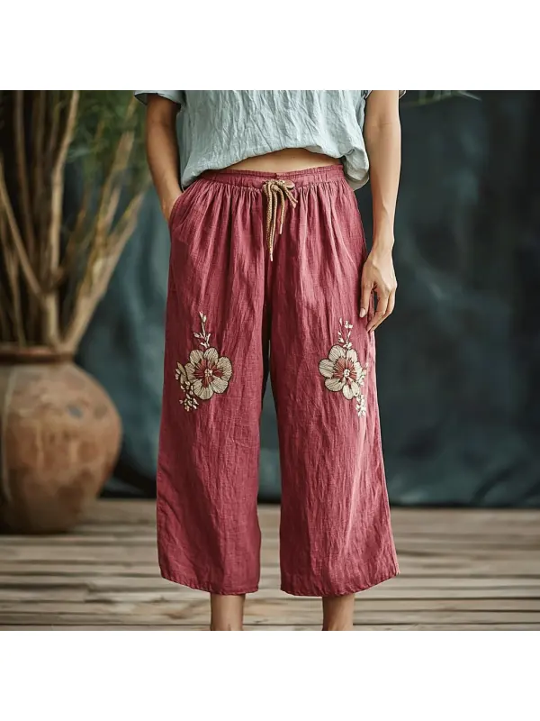 Women's Linen Bohemian Cropped Wide-leg Pants - Cominbuy.com 