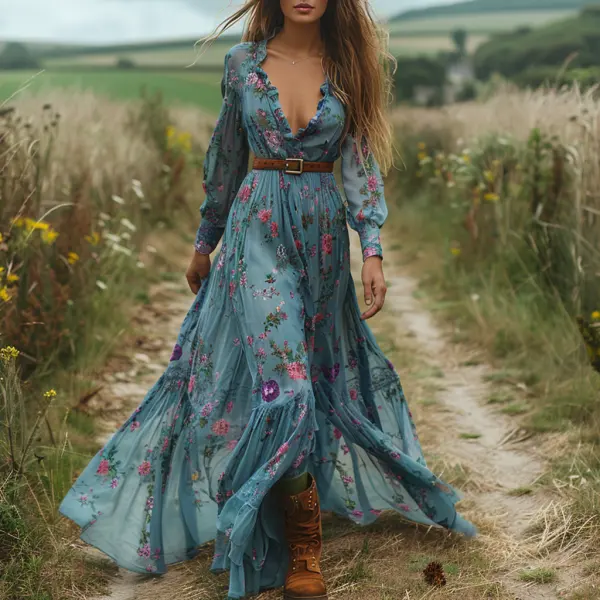 Retro V-neck Floral Women's Long-sleeved Long Skirt Country Pastoral Retro Dress - Cotosen.com