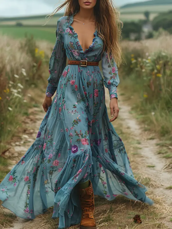 Retro V-neck Floral Women's Long-sleeved Long Skirt Country Pastoral Retro Dress - Wantbright.com 