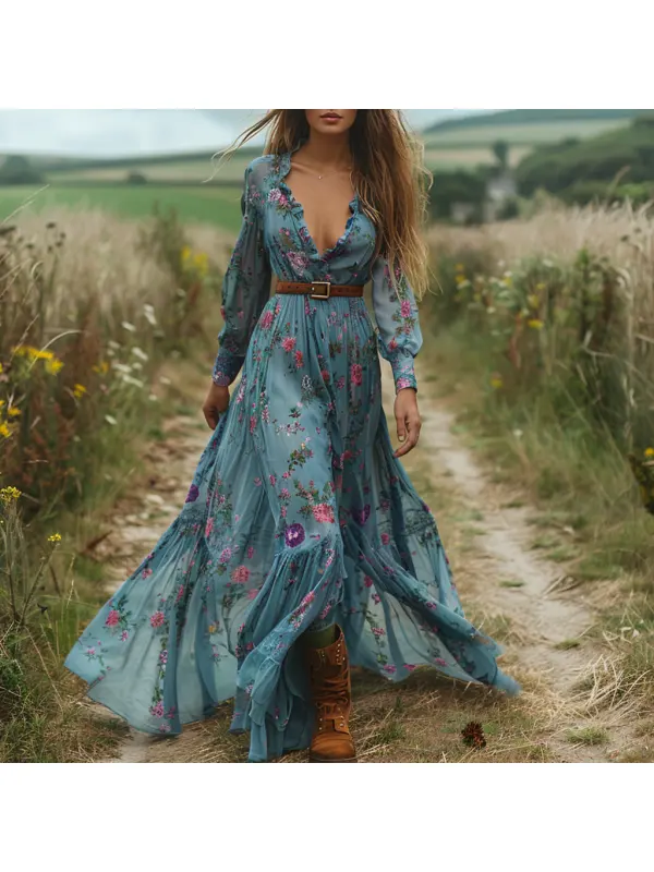 Retro V-neck Floral Women's Long-sleeved Long Skirt Country Pastoral Retro Dress - Anrider.com 