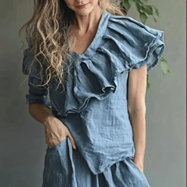 Women's Linen Asymmetric Ruffle Short Sleeve Shirt - Yiyistories.com 