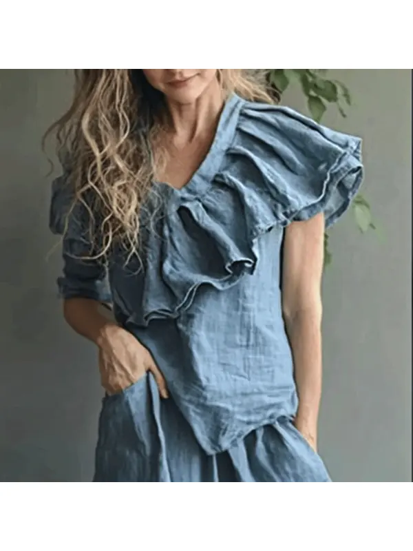 Women's Linen Asymmetric Ruffle Short Sleeve Shirt - Geocici.com 