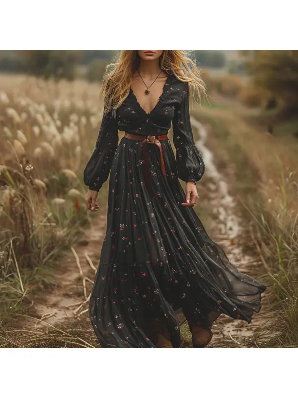 Retro V-neck Floral Women's Long-sleeved Long Skirt Country Pastoral Retro Dress - Realyiyi.com 